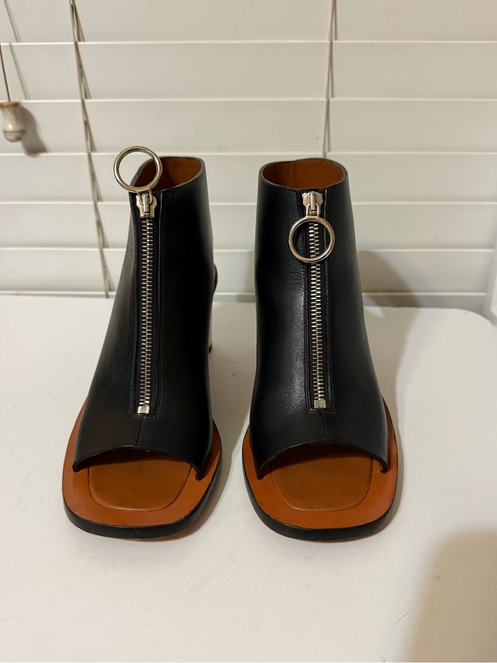 Celine Black Leather Open-Toe Ankle Boots with Silver Zip Ring